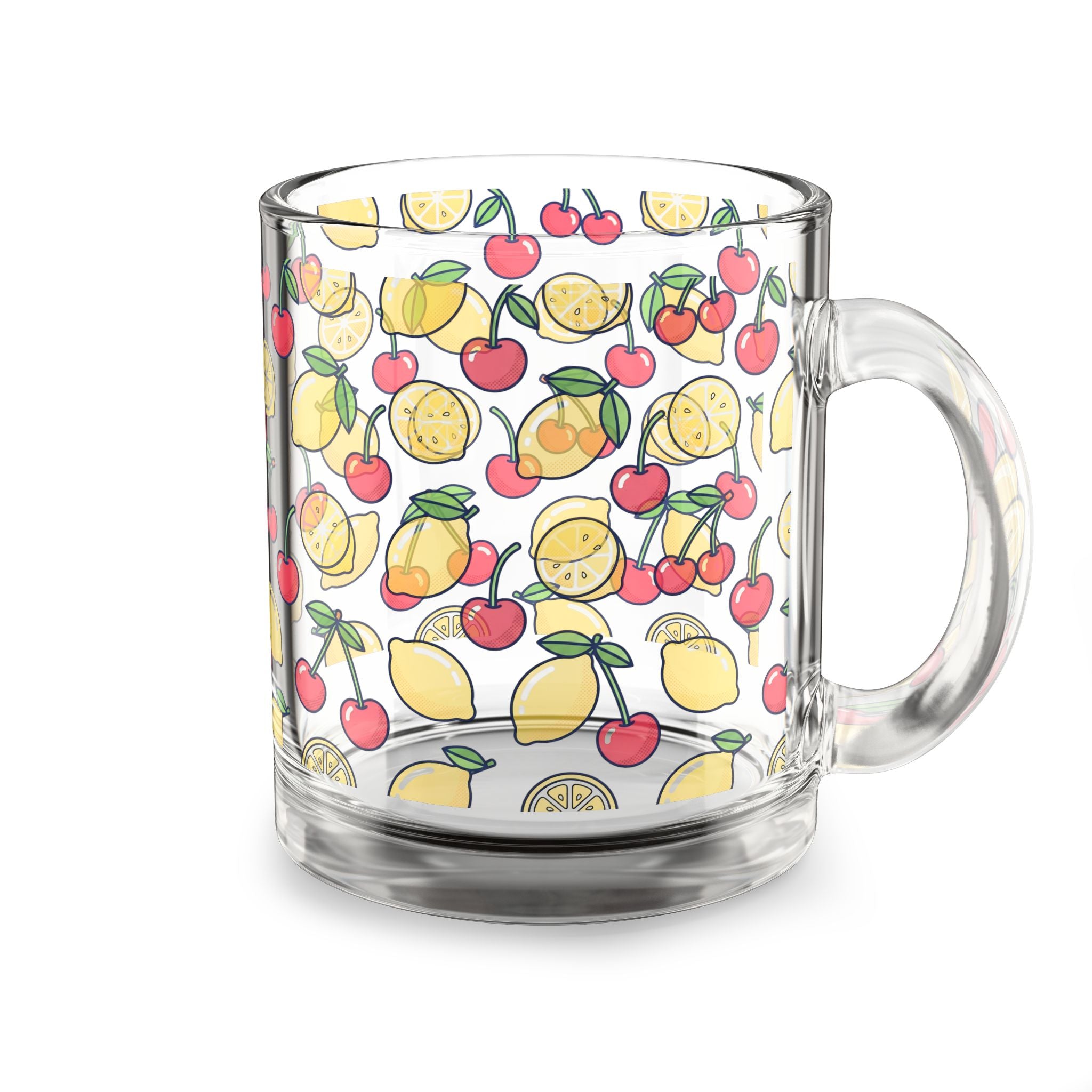 10oz Lemon & Cherry Glass Mug – Clear Fruity Pattern Coffee Cup