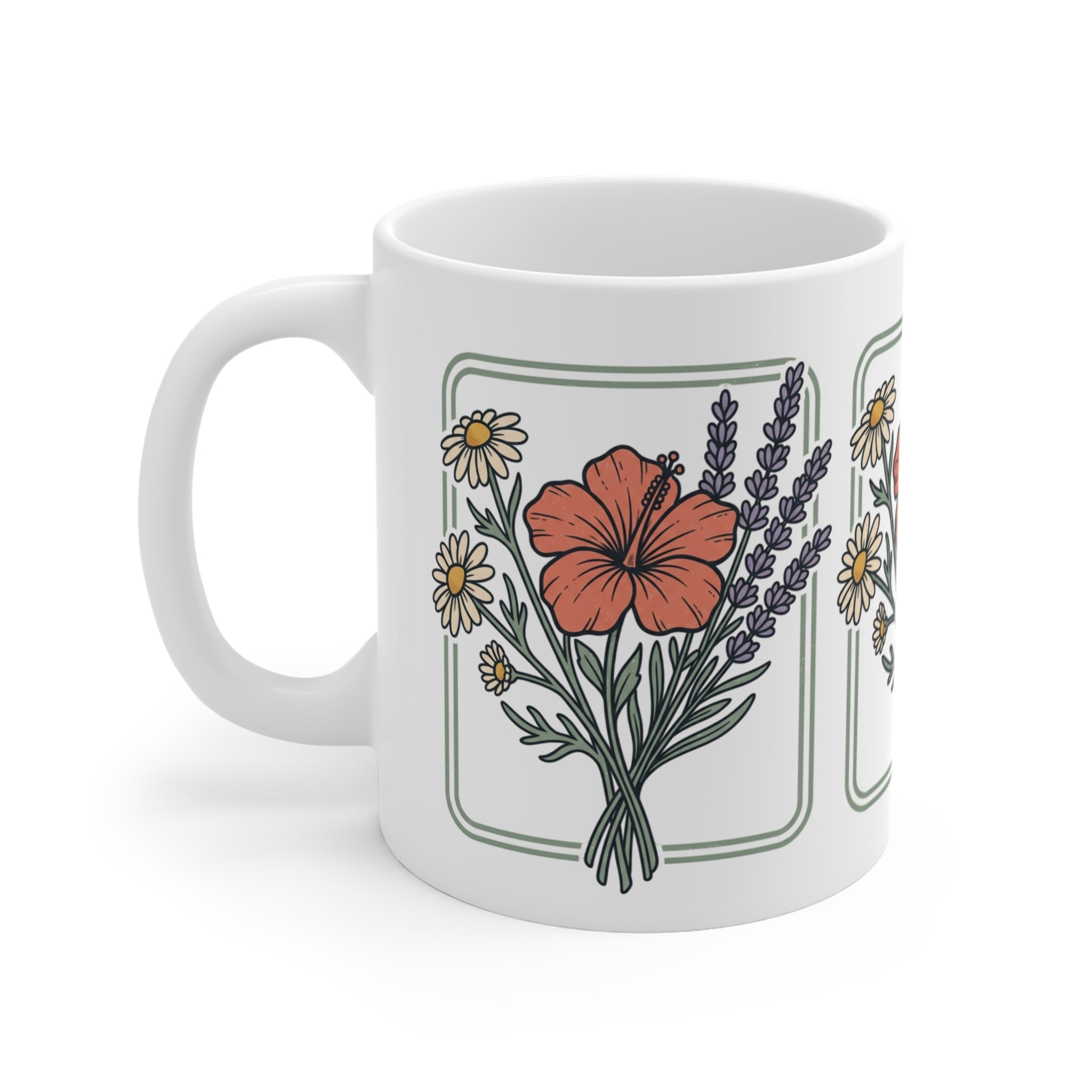Floral Bouquet 11oz Ceramic Mug — Lavender, Daisy & Hibiscus Tea Coffee Cup