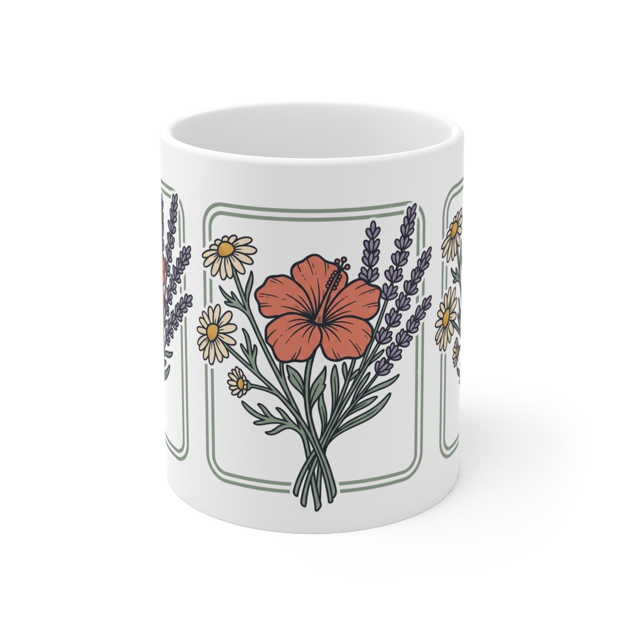 Floral Bouquet 11oz Ceramic Mug — Lavender, Daisy & Hibiscus Tea Coffee Cup