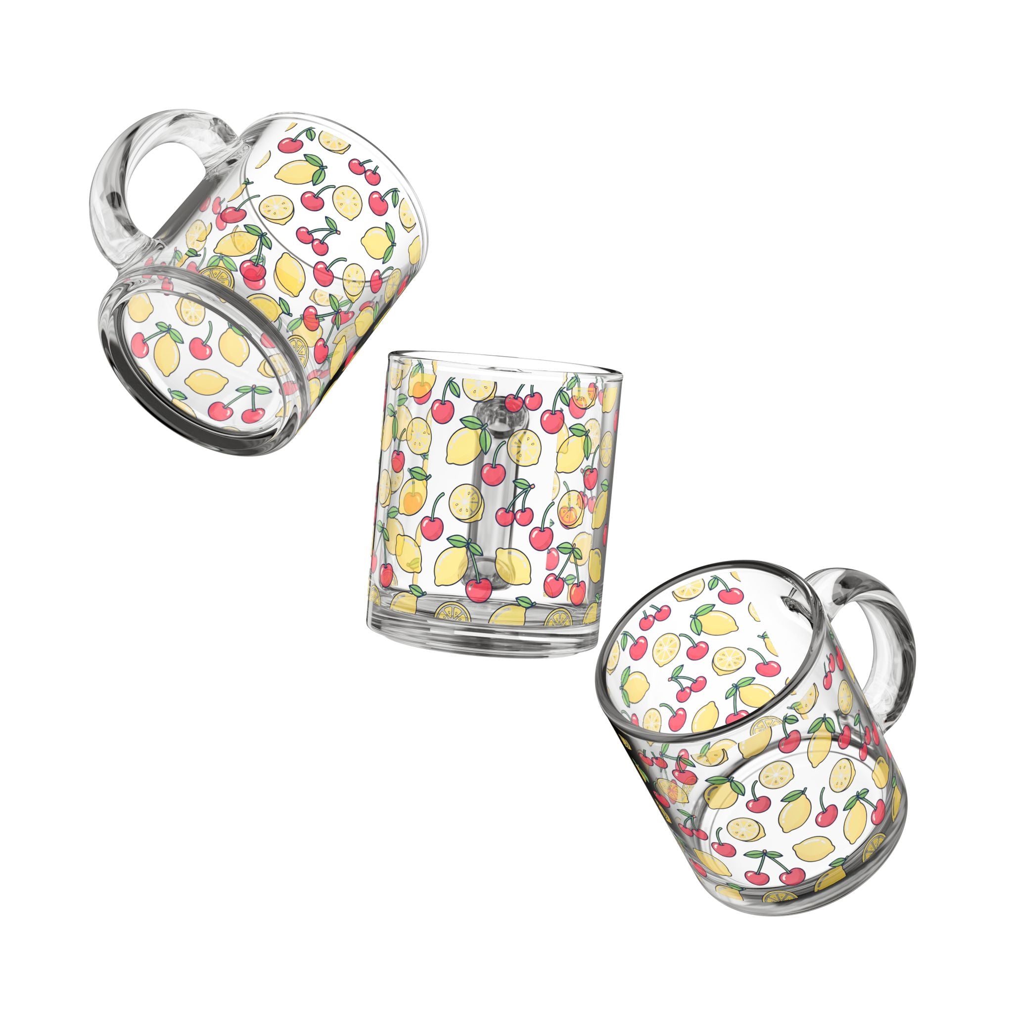 10oz Lemon & Cherry Glass Mug – Clear Fruity Pattern Coffee Cup