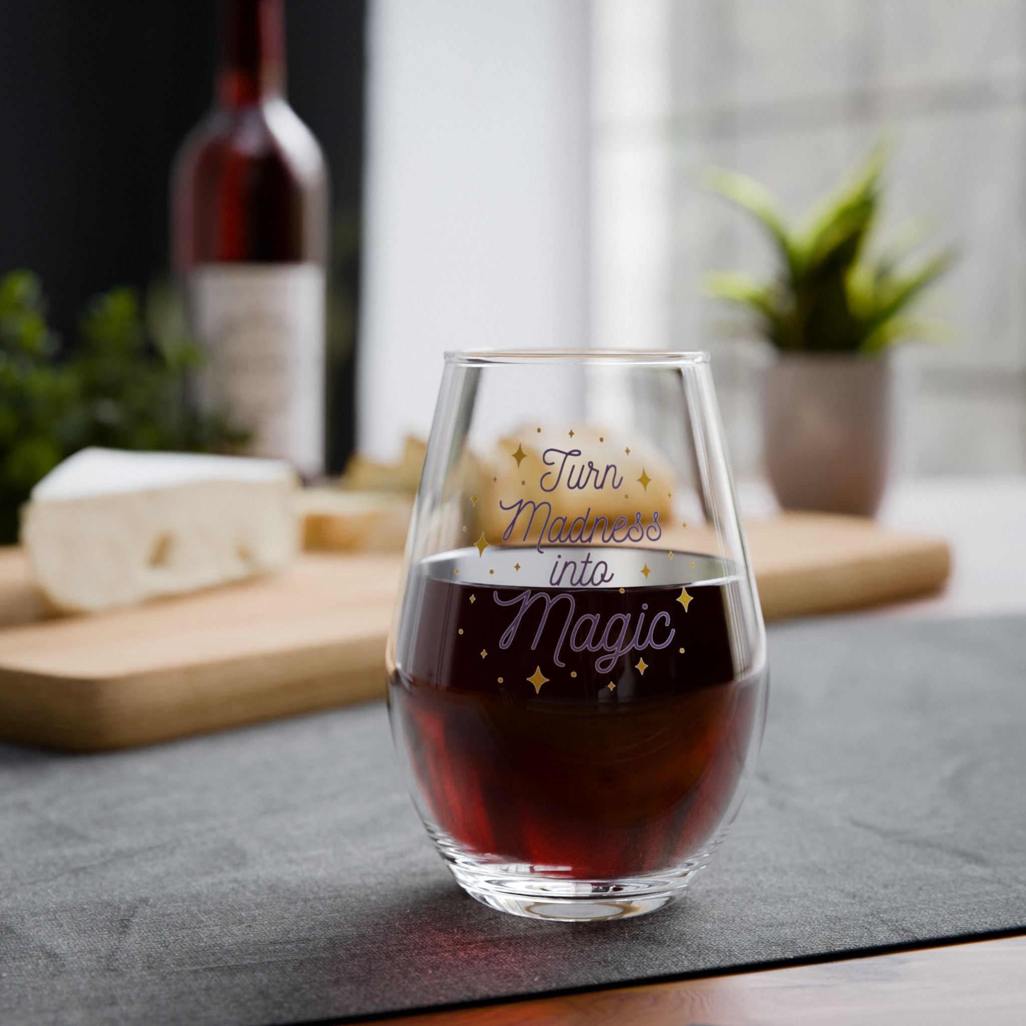 Stemless Wine Glass - "Turn Madness into Magic" Inspirational Wine Glass, 11.75oz