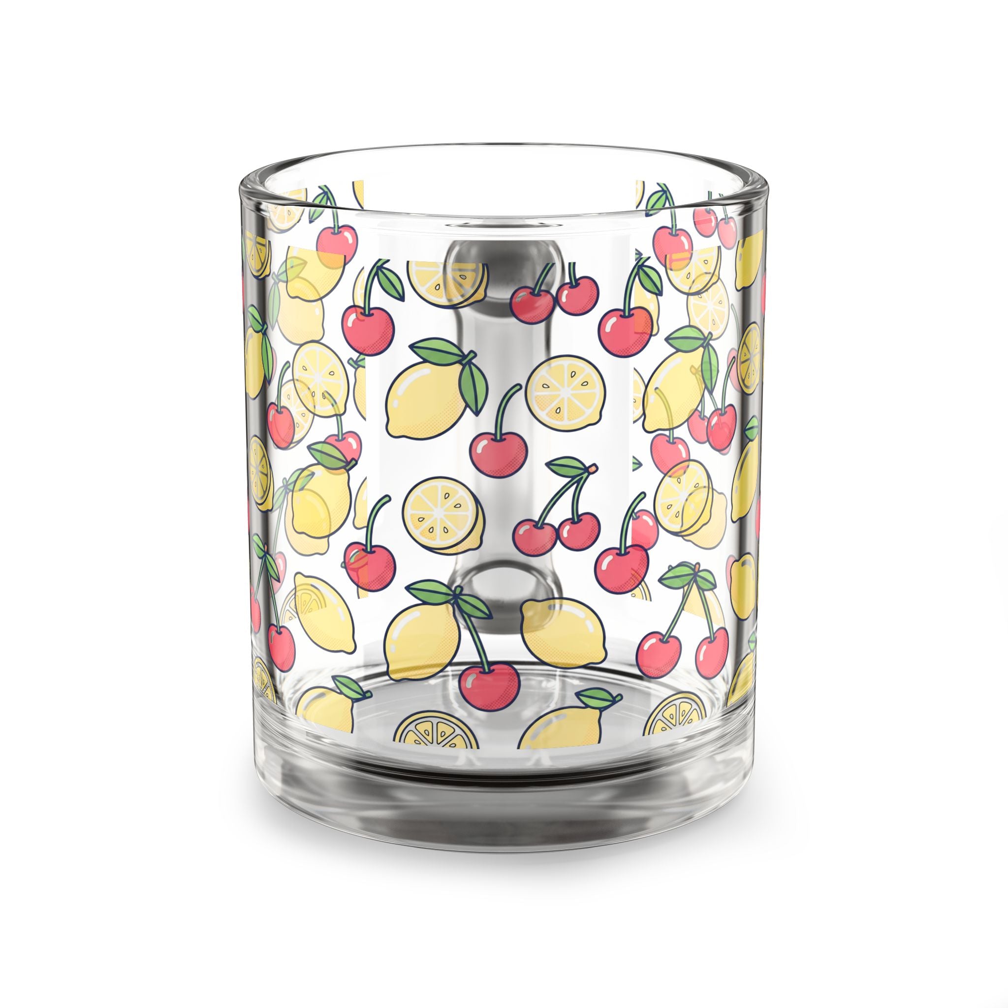 10oz Lemon & Cherry Glass Mug – Clear Fruity Pattern Coffee Cup