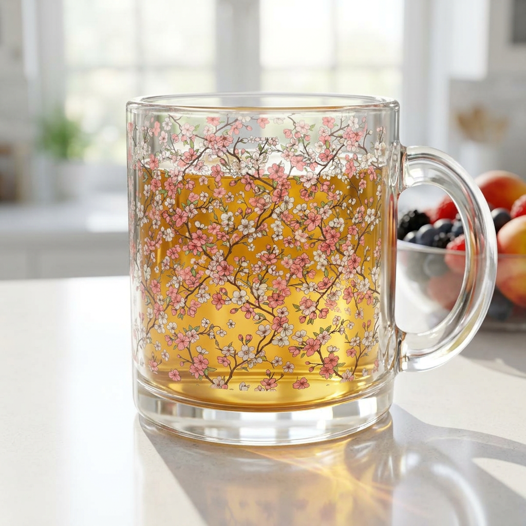 Cherry Blossom Glass Mug — 10oz Floral Tea & Coffee Cup