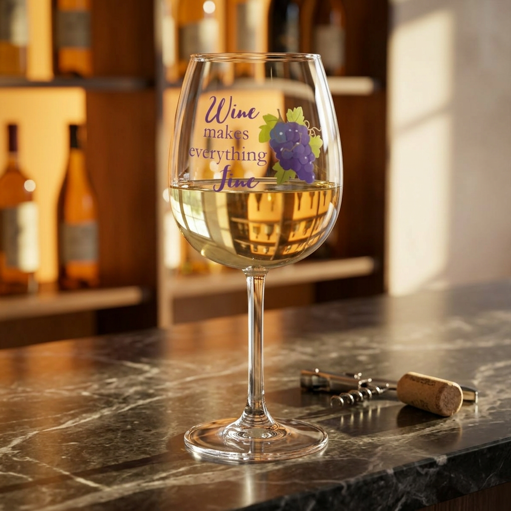 Wine Glass - "Wine Makes Everything Fine" 12oz Stemmed Glass with Grape Design