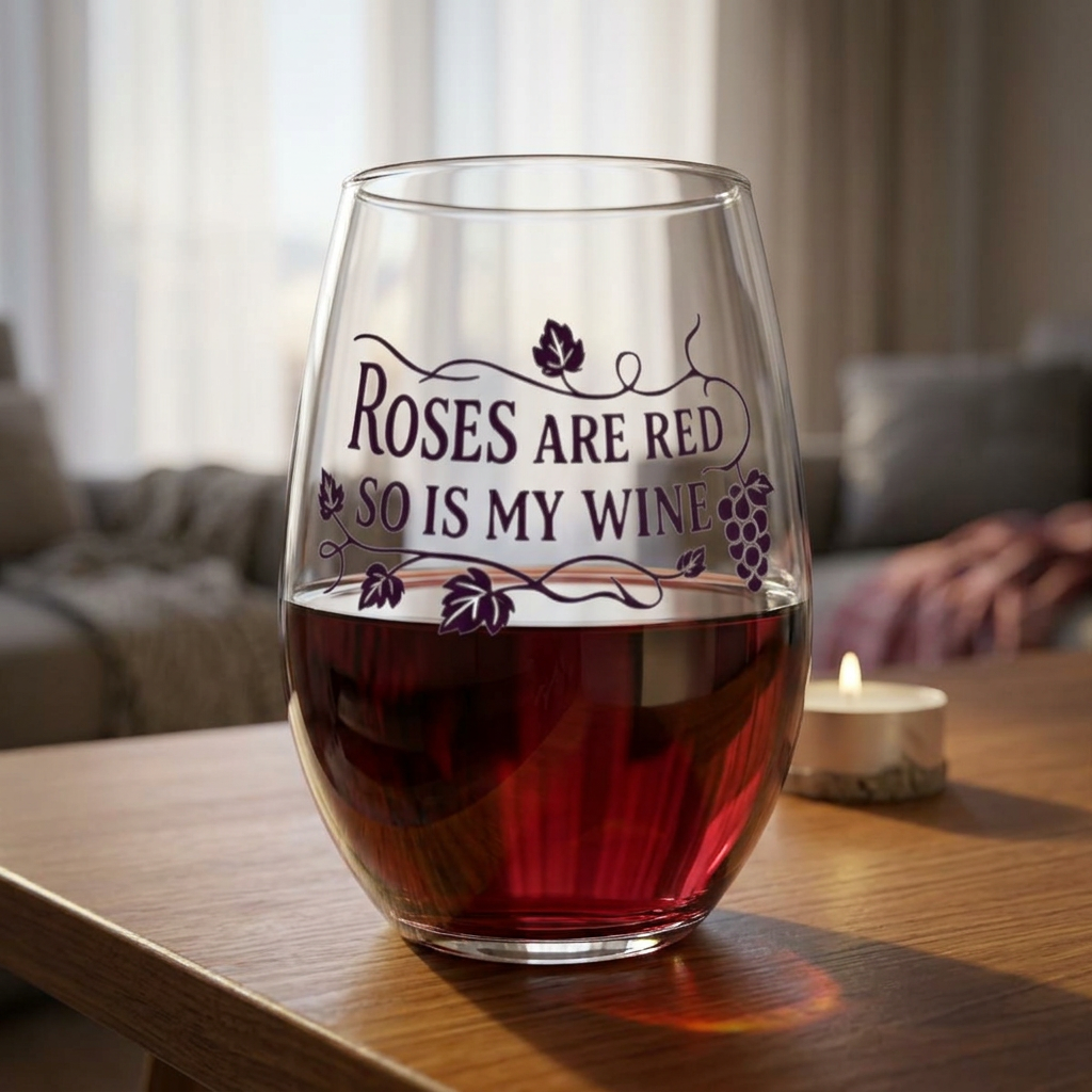 Stemless Wine Glass - "Roses Are Red So Is My Wine" Engraved 11.75oz