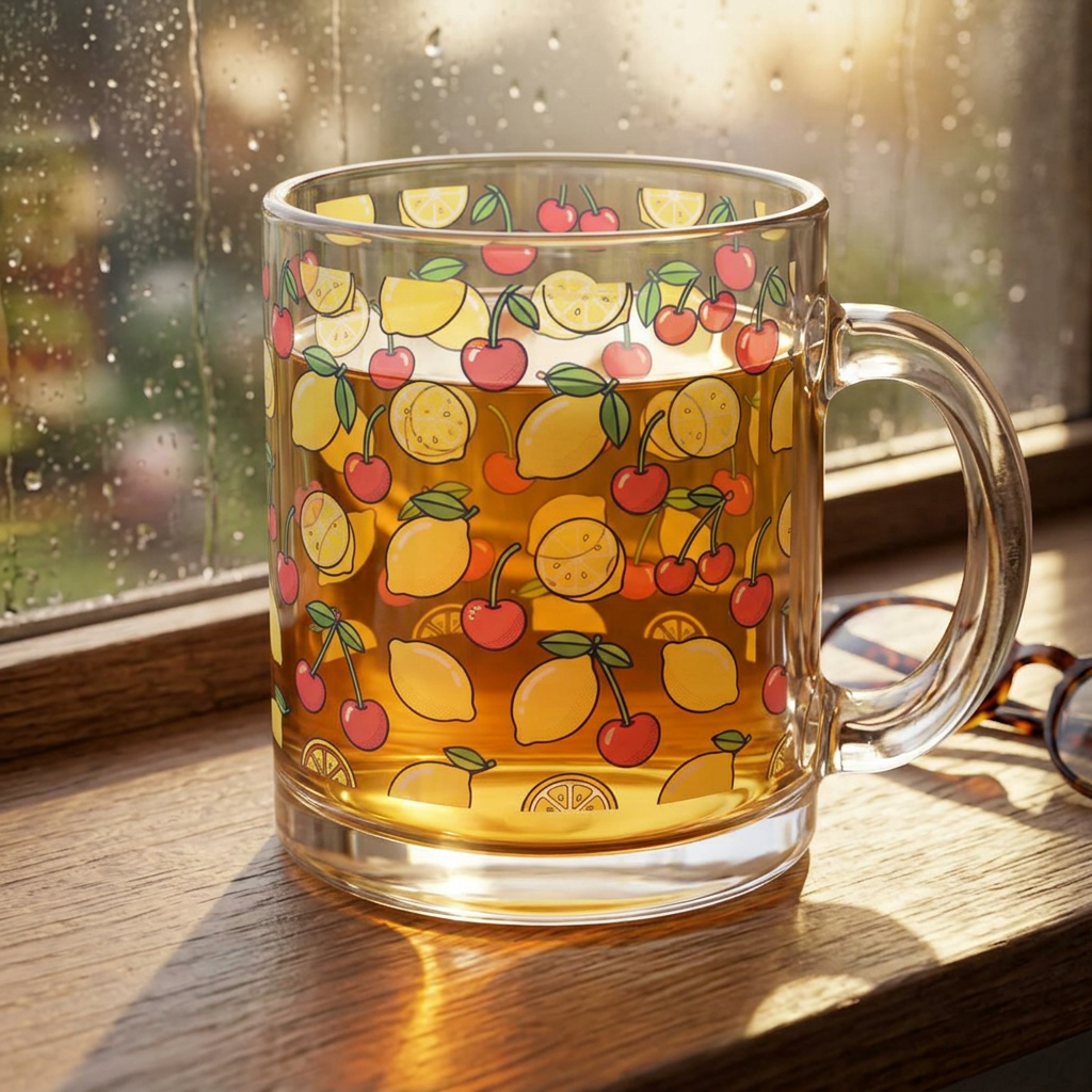 10oz Lemon & Cherry Glass Mug – Clear Fruity Pattern Coffee Cup