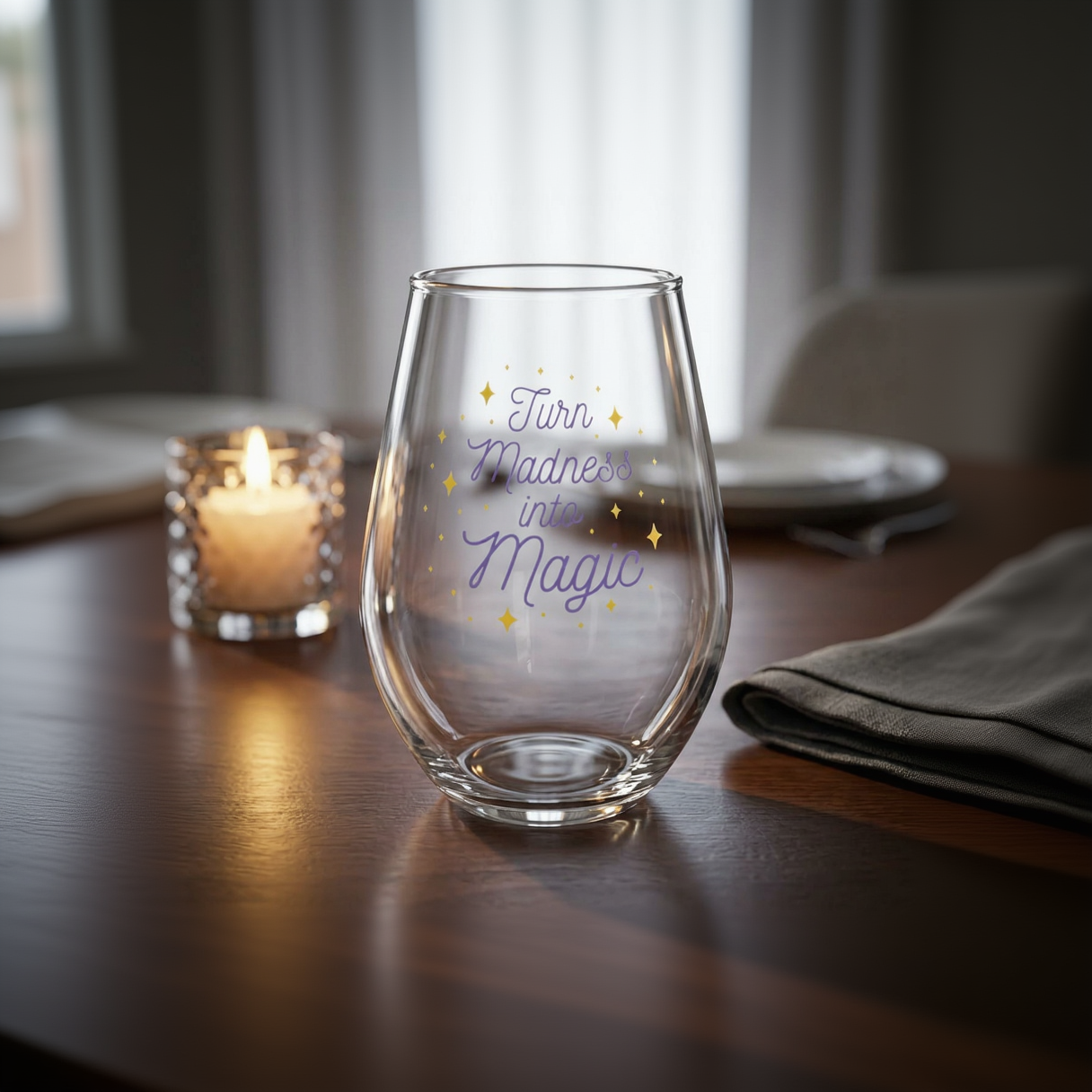 Stemless Wine Glass - "Turn Madness into Magic" Inspirational Wine Glass, 11.75oz
