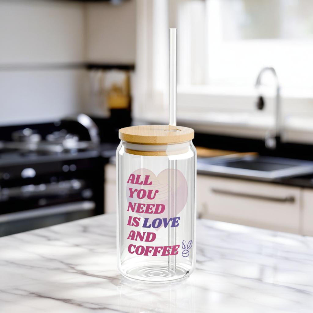 16oz Sipper Glass - "All You Need Is Love and Coffee" Reusable Straw Tumbler