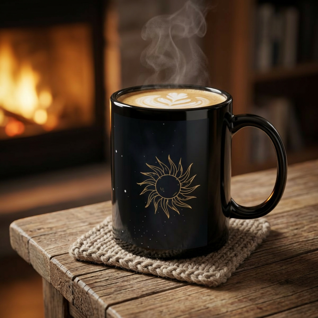 Celestial Sun Black Coffee Mug – Mystical Astrology Tea Cup