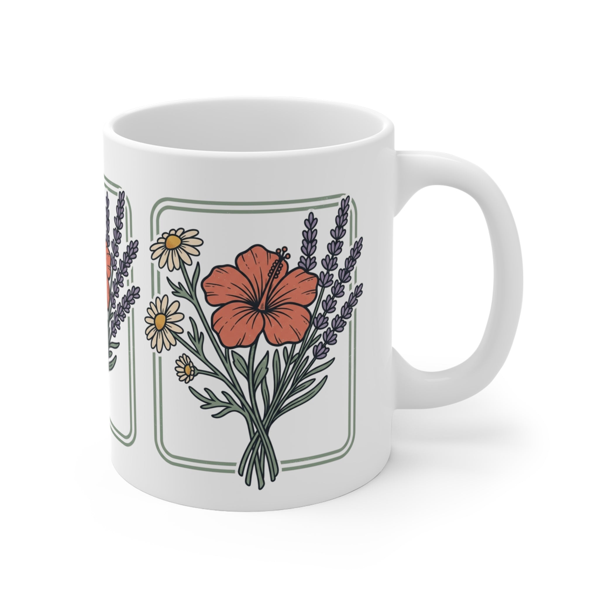 Floral Bouquet 11oz Ceramic Mug — Lavender, Daisy & Hibiscus Tea Coffee Cup