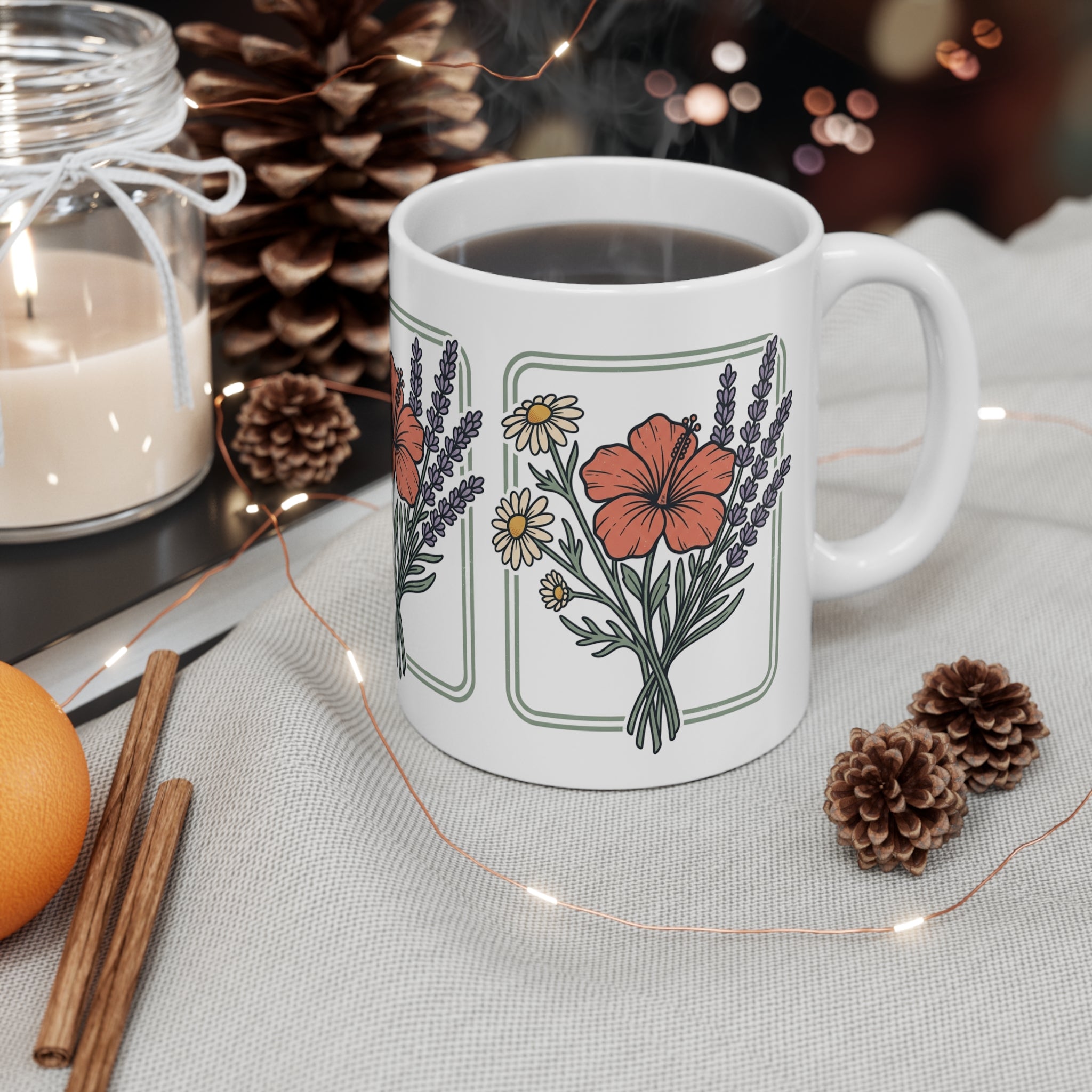Floral Bouquet 11oz Ceramic Mug — Lavender, Daisy & Hibiscus Tea Coffee Cup
